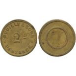 BRITISH TOKENS, 19th Century Tokens, Checks, Cornwall, Penzance, Bodilly & Sons, Brass Check for 2-