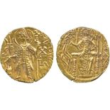 INDIAN COINS, KUSHAN, Vasu Deva III, Gold Dinar, king standing facing, head left, holding trident