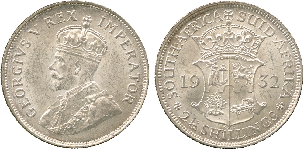 WORLD COINS, SOUTH AFRICA, George V, Silver 2½-Shillings, 1932 (KM 19.3). Uncirculated.