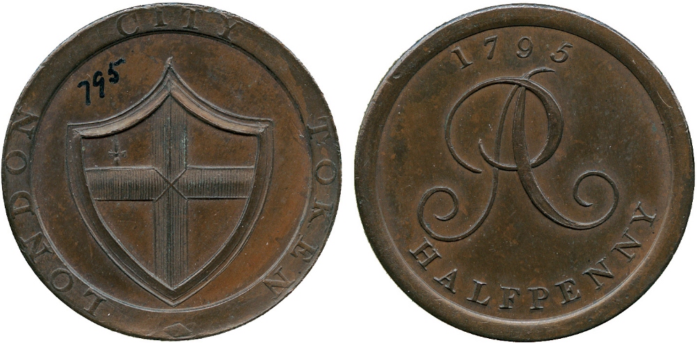 BRITISH TOKENS, 18th Century Tokens, England,  Middlesex, Peter Anderson, Copper Halfpenny, 1795,