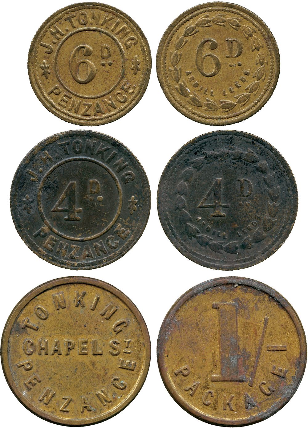 BRITISH TOKENS, 19th Century Tokens, Checks, Cornwall, Penzance, J H Tonking, Brass Checks for