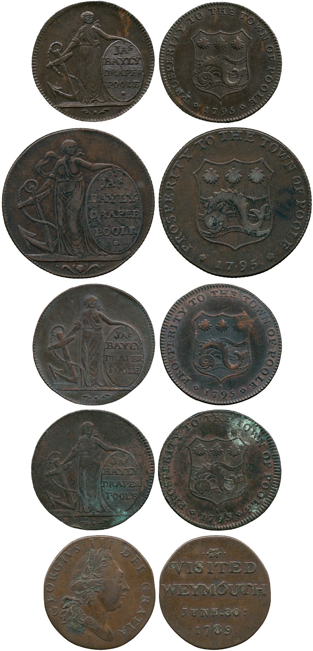 BRITISH TOKENS, 18th Century Tokens, England,  Dorsetshire, Poole, Bayley’s Copper Halfpenny,