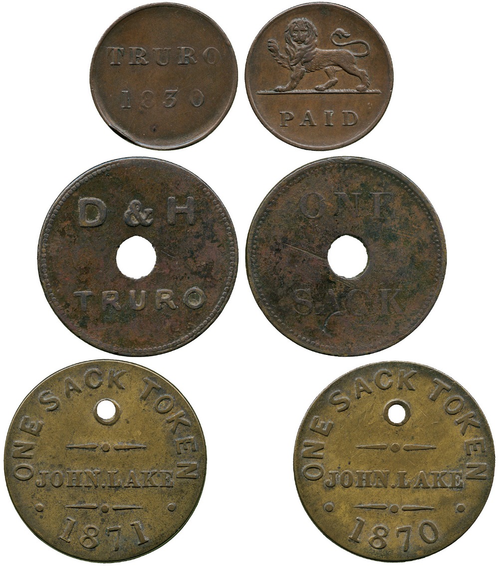 BRITISH TOKENS, 19th Century Tokens, Checks, Cornwall, Truro, John Lake, uniface Brass Checks for