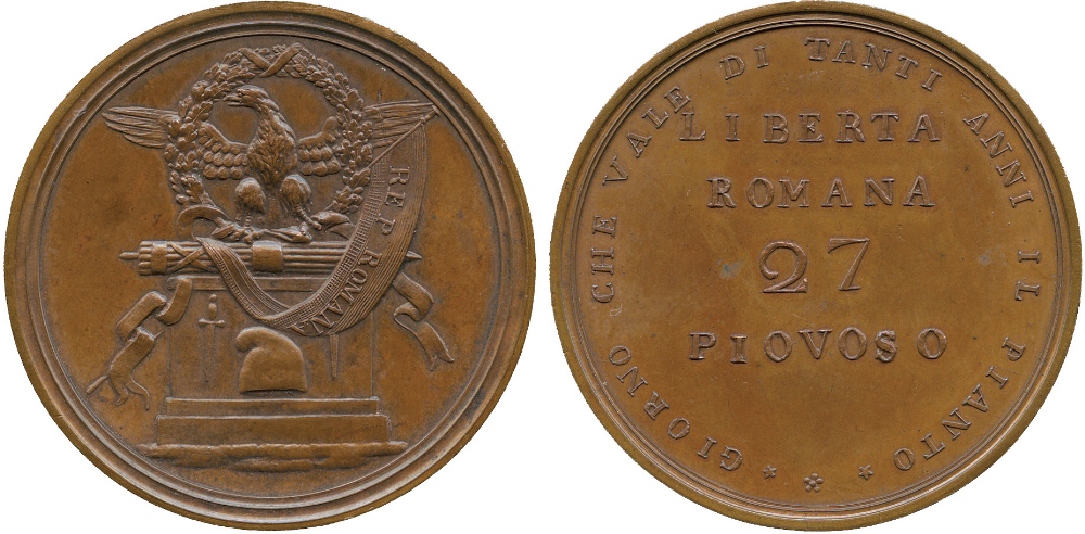 WORLD COINS, ITALY, First Roman Republic (1798-1799), Restrike Medallic Copper Scudi, Year 7 (1799),