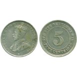 COINS, 錢幣, MALAYSIA -  STRAITS SETTLEMENTS, 馬來西亞 - 海峽殖民地, George VI: Silver 5-Cents, 1920 (KM 31).