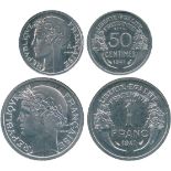 FRENCH COINS, Essais and Piedforts, État Français, Aluminium Essai Franc and 50-Centimes, 1941, by