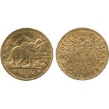 G WORLD COINS, German East Africa, Wilhelm II (1888-1918), Gold 15-Rupien, 1916 T, Tabora mint,