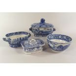 BLUE & WHITE.
A 19th century, blue & white, Grazing Rabbits pattern small tureen, a Hare Resting