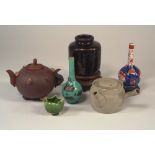MISCELLANEOUS.
A Chinese red ware teapot with applied pods & nuts, an antique black pottery jar,