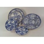 BLUE & WHITE.
Two Rogers Fallow Deer pattern plates, 16cm, a Quadrupeds pattern dish by D & S &