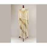 WEDDING GOWN.
A silk & silk crepe wedding gown, circa 1920 with shaped sleeves, crossover front &