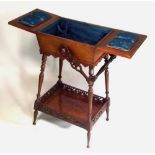 SEWING TABLE.
A late Victorian sewing table, with pierced swing handle & silk fitted interior.