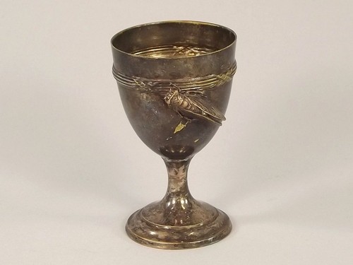 EGG CUP.
A silver & silver gilt cicada egg cup, possibly Chinese, with pseudo-European marks.