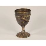 EGG CUP.
A silver & silver gilt cicada egg cup, possibly Chinese, with pseudo-European marks.