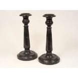 CORNISH SERPENTINE.
A pair of good, red/green turned Cornish Serpentine candlesticks. Each with