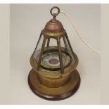 SHIP'S COMPASS.
An unusual ship's gimbal compass, in brass mounted, pyramid case. Lacks brass