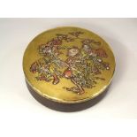 JAPANESE BOX.
A Japanese mixed metals lidded box, with five character mark to base.
Diameter 19.5cm.