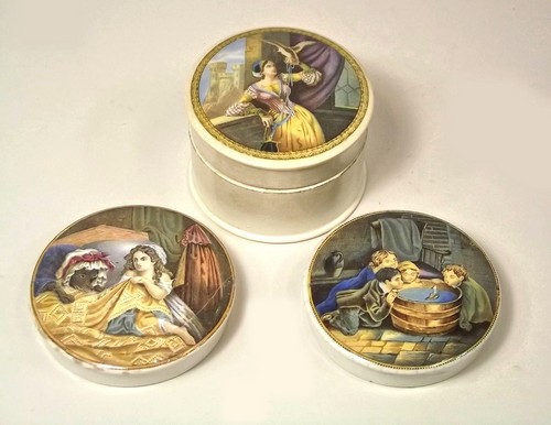 POT LIDS.
A pot lid & base, Lady with hawk & two other pot lids. CONDITION REPORTS: The lady with