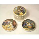 POT LIDS.
A pot lid & base, Lady with hawk & two other pot lids. CONDITION REPORTS: The lady with