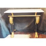 C18th Irish console table, the grey marble top above integral central drawer with shaped cornice.