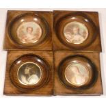Four portrait miniatures of circular form set into square wooden frames