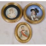 Three portrait miniatures, one oval of Napoleon oil on ivory 8x6cm, one circular of Lady Trevanion