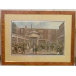 19th century engraving with horse racing theme depicting gentleman gathering in a courtyard, sign