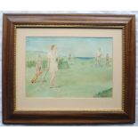 Art Deco watercolour of a links golf course scene with woman in foreground admired by man in