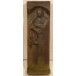 English woodblock relief carving of a male figure wearing a cloak, possibly ecclesiastical, 82cm