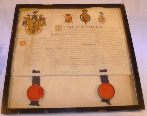 Illuminated Grant of Arms document with wax seals, awarded to Richard Christopher Sennett, the