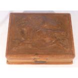 Gentleman's leather vanity / jewellery box, the lid with relief hunting scene signed Erno Koch [