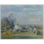 After Sir Alfred J Munnings, scene of gypsies seated on the North Downs with dog, colour print,