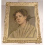 Pastel portrait of a young lady circa 1908, signed bottom right, label verso, glazed and framed,