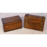 Two wooden desk top boxes, one of domed chest form with brass bands, the other rectangular, each