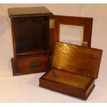 Oak pipe tobacco cabinet, glazed door, single drawer, with key, 27cm high, together with an oak