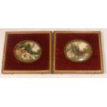 Two miniature oval oil on ivory scenes depicting lovers reclining by a tree with sheep, approx