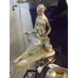 LARGE LLADRO STYLE FIGURINE OF LADY WITH CHILD ON LAP, GOOSE BY SIDE