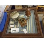 FRAMED COLLAGE OF SEWING ITEMS, TAPE MEASURE, PINS ETC