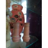 PINK GLASS VASE WITH HAND PAINTED FLORAL DECORATION PLUS A PAIR OF PINK WEDGWOOD STYLE VASES