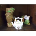 2 FAUNA VASES, DECORATIVE CUP AND SAUCER AND COALPORT MINIATURE KETTLE