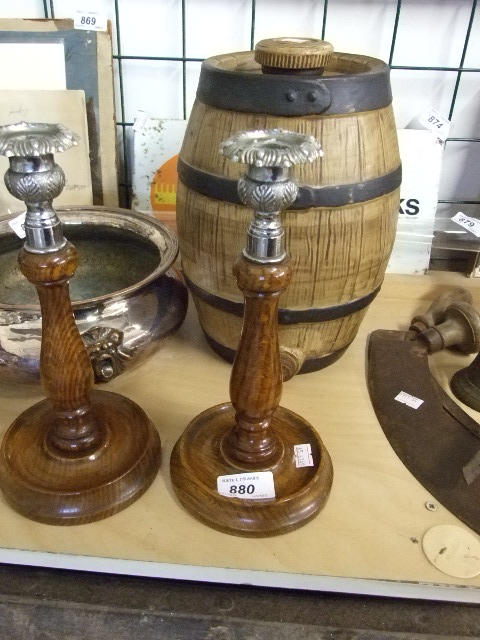 TAUNTON CIDER BARREL AND WOODEN CANDLESTICKS