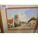FRAMED AND GLAZED WATERCOLOUR OF GRIMSTON VILLAGE - A.R PEARCE 18CM X 13CM