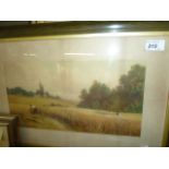 PAIR OF FRAMED AND GLAZED WATERCOLOURS - HARVESTING AND CATTLE AT STREAM