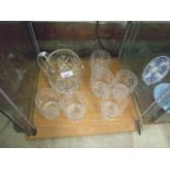 CUT GLASS JUG AND 6 GLASSES