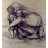 A black chalk drawing of mother and chil