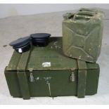 An army ammunitions box, a petrol can an