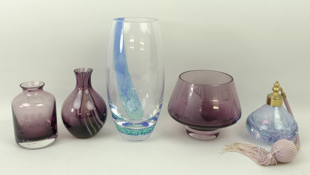 A Caithness clear glass vase, 21cm high, a scent bottle, and three purple glass items, comprising;