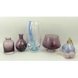 A Caithness clear glass vase, 21cm high, a scent bottle, and three purple glass items, comprising;