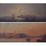 L.M. Galia: Valetta, Malta in moonlight, unsigned, and Valetta Harbour at sunset, signed lower left