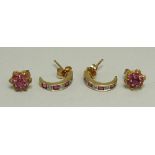 A pair of 9ct gold, ruby and diamond half hoop earrings, and a pair of 9ct gold and pink tourmaline